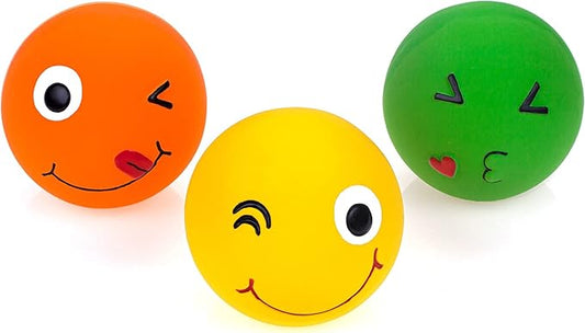 CHIWAVA 3 Pack 2.7'' Latex Squeaky Dog Toy Ball Smiley Face Round Balls Interactive Fetch Play for Medium Dogs