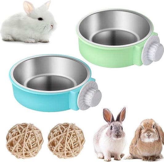 Rabbit Bowls Set, Big Pet Bunny Food Bowls Small Animals Cage Bowl and Stainless Steel Hanging Water Food Feeder Bowls for Big Bunny Food Dish (2 PCS)
