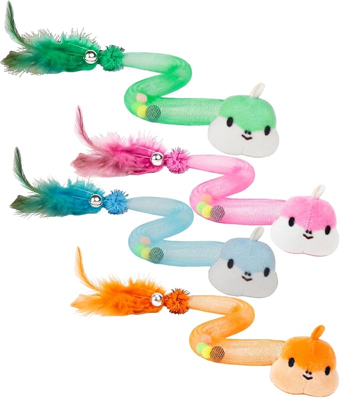 Cat Feather Toy 4 Pack – Interactive Bell & Pom-Pom Snake Stick for Indoor Play, Exercise, and Hunting Fun for Cats