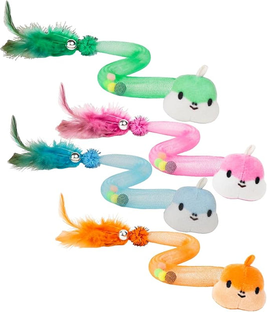 Cat Feather Toy 4 Pack – Interactive Bell & Pom-Pom Snake Stick for Indoor Play, Exercise, and Hunting Fun for Cats