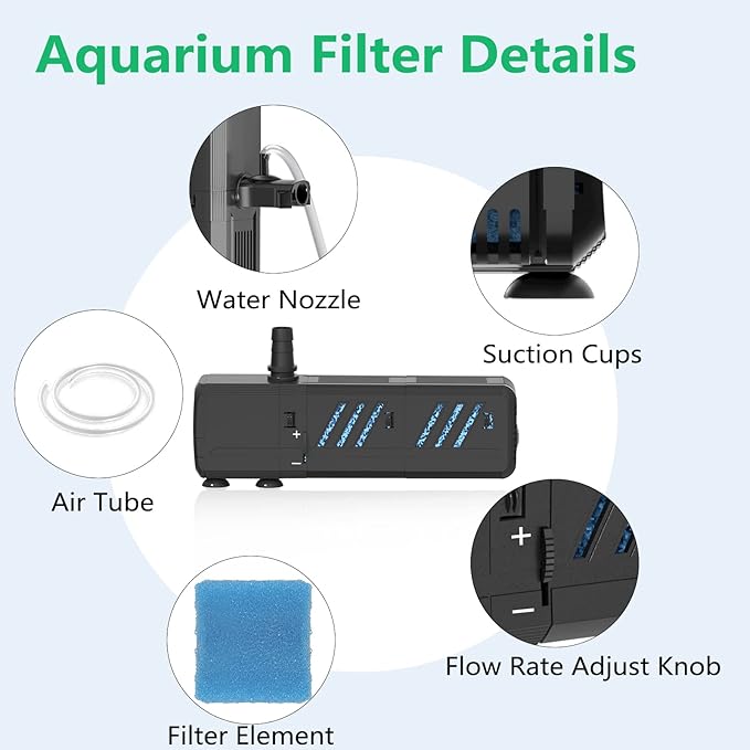 Aquarium Filter, Insputer 8W Turtle Tank Filter with 2 Sponge Filtration, 200 GPH Adjustable Submersible Fish Filters for 10-50 Gallo Pond Freshwater