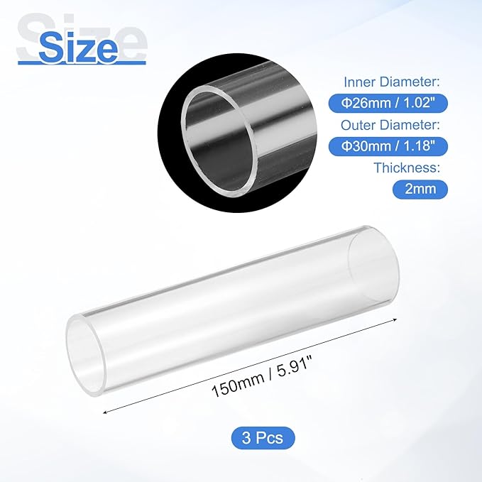 uxcell 3Pcs Clear Rigid Acrylic Pipe, 26mm(1.02") ID x 30mm(1.18") OD 6" Round Polycarbonate Tube Plastic Tubing for Plumbing, Lighting, Aquarium, DIY Projects