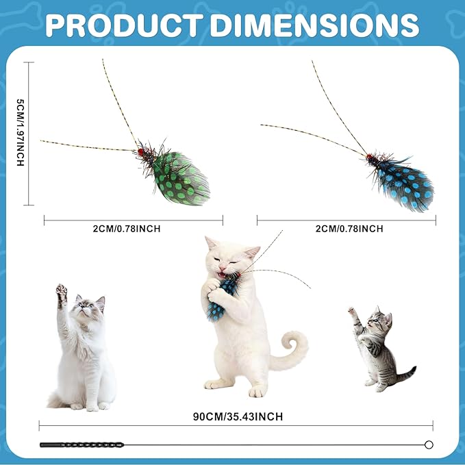 Walfront Interactive Cat Wand Toy with Blue and Green Spotted Insect Heads, Cat Teaser Wand for Multi Cat Homes, Indoor Play for Kittens and Adult Cats, Promotes Fun, Activity, and Owner Bonding