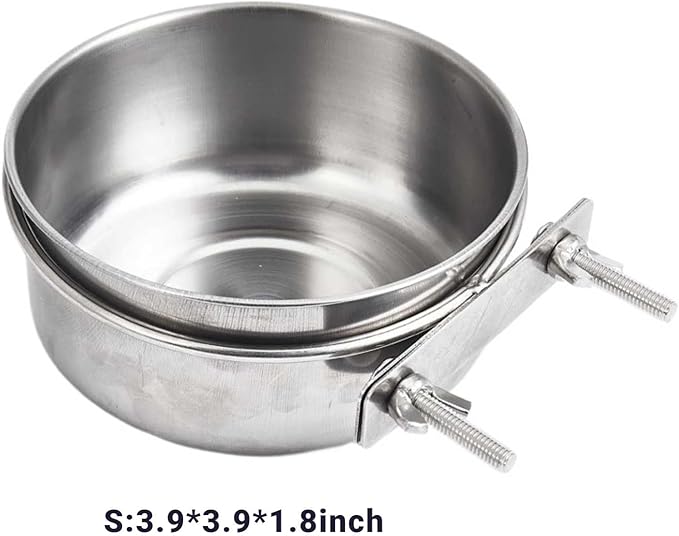 Bird Bowls for Cage Stainless Steel, Parakeet Feeding Dish Cups with Clamp Holder, Hanging Hamster Foraging Food Water Bowl for Parrot Cockatiel Budgies Bunny Hedgehog Dog Cat (3.9*1.8inch,Silver)