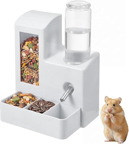 2 in 1 Hamster Water Bottle, No Drip 120ml Hamster Water Bottle, Gravity Hamster Food Bowl with Snack Bowl, Hamster Cage Accessories for Cage for Guinea Pigs