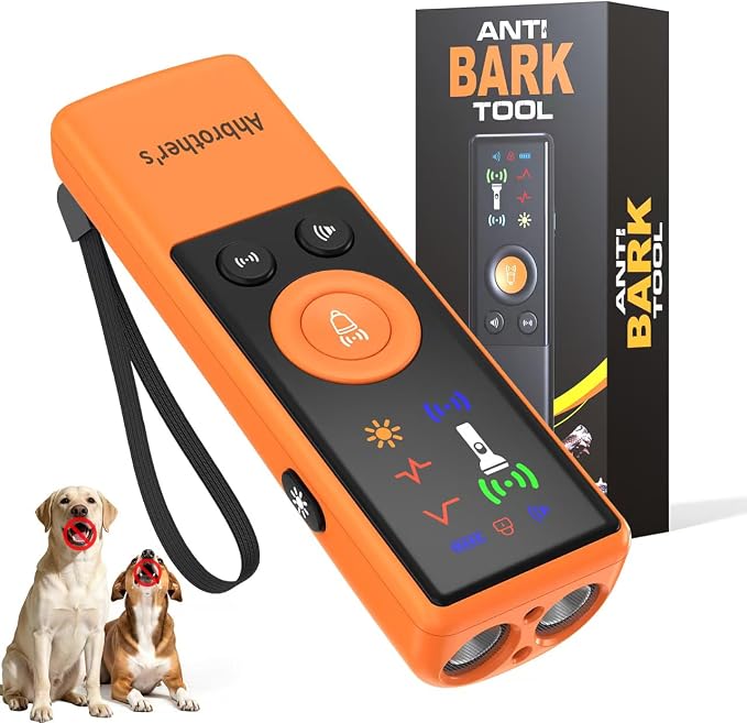 Dog Bark Deterrent Devices 2X Power Anti Barking Device for Dogs, Ultrasonic Dual Emitters, 4 Training Modes Barks No More Indoors Outdoors Behavior Correct Safe & Humane Rechargeable (Orange)