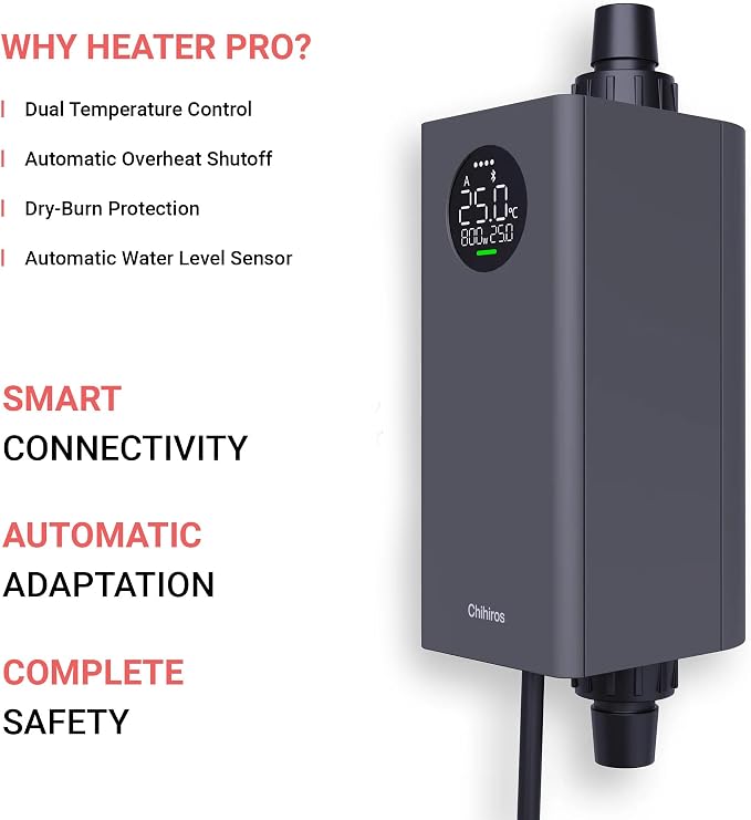 Chihiros Heater Pro - Tankless Water Heater Electric 100-120V Inline Aquarium Heater,10W 50W 100W 200W 300W 500W 800W Variable Smart External Heater for Canister Filter 5-120 Gal - 10-800W, 16/22mm