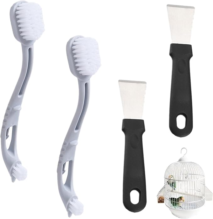 4 Pcs Bird Cage Cleaner with Two Brush Heads Long Handle Tool, Stainless Steel Bird Droppings Cleaning Scraper for Cleaning Bird Parrot Cages Kennels Perches