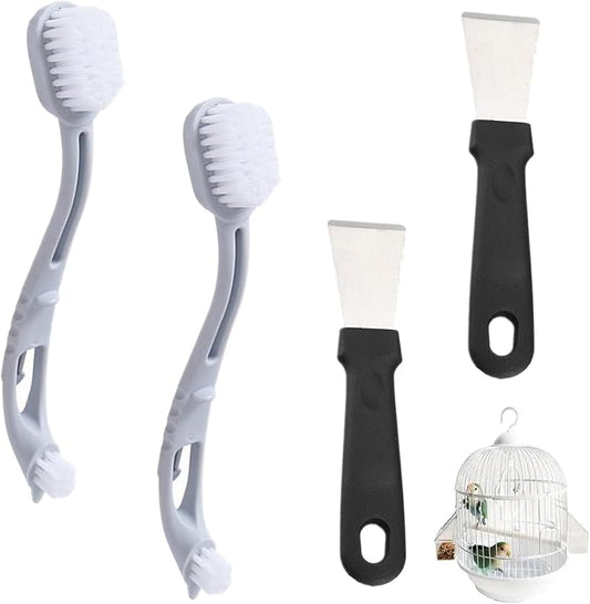 4 Pcs Bird Cage Cleaner with Two Brush Heads Long Handle Tool, Stainless Steel Bird Droppings Cleaning Scraper for Cleaning Bird Parrot Cages Kennels Perches