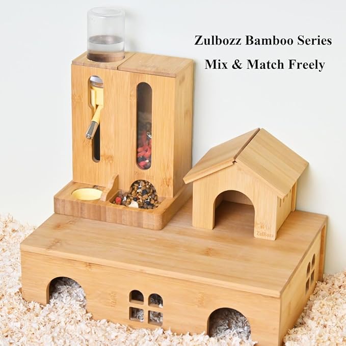 Adjustable Hamster Water Bottle Stand and Feeding Station, Bamboo Wood 2-in-1 Food Bowl Holder, Small Animal Hideout Accessorise for Syrian and Dwarf Hamsters