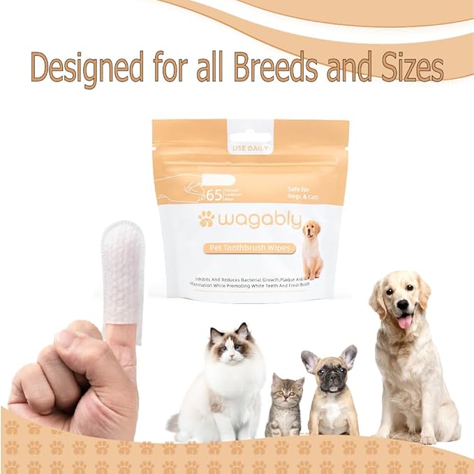 Pet Dental Wipes for Dogs and Cats - Eliminate Bad Breath, Plaque, and Tartar - Finger Toothbrush Design - Cleans Ears, Eyes Tear Mark and Paws - 65 Disposable Wipes - No Rinsing Needed