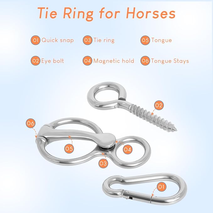 Horse Tie Ring, Upgraded 4 Sets Horse Tack and Supplies, 304 Stainless Steel Safe Horse Accessories Training Equipment with Eye Bolt and Snaps Saddle | Supports horse pulling back, Adjustable for different setups, Protects horse and handler