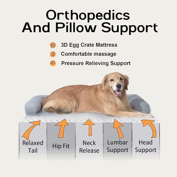 MEKIY Orthopedic Waterproof Jumbo Dog Bed with Bolster for Extra Large Dogs | Pillow Support for Neck Relief, Egg Crate Foam, Waterproof Liner, Anti-Slip Bottom, Removable Bolster Cover, 53 x 42 Inch