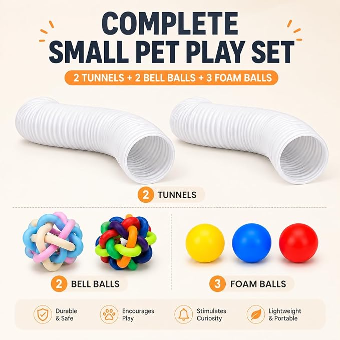 Ferret Tunnel Toy Ball Set with 2 Collapsible Tunnels for Small Pets | Polyester, for ferrets, guinea pigs & hamsters, includes 2 bell balls & 3 foam balls, lightweight, foldable
