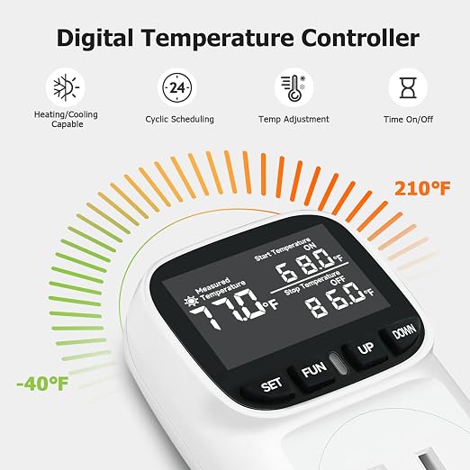Temperature Controller 15A/1800W, Digital Timer Thermostat Outlet for Greenhouse, Reptile Tank, Heat Mat, Seedlings, Brewing, Aquarium, CyclicTiming/Countdown, VA Display,-40°F~210°F
