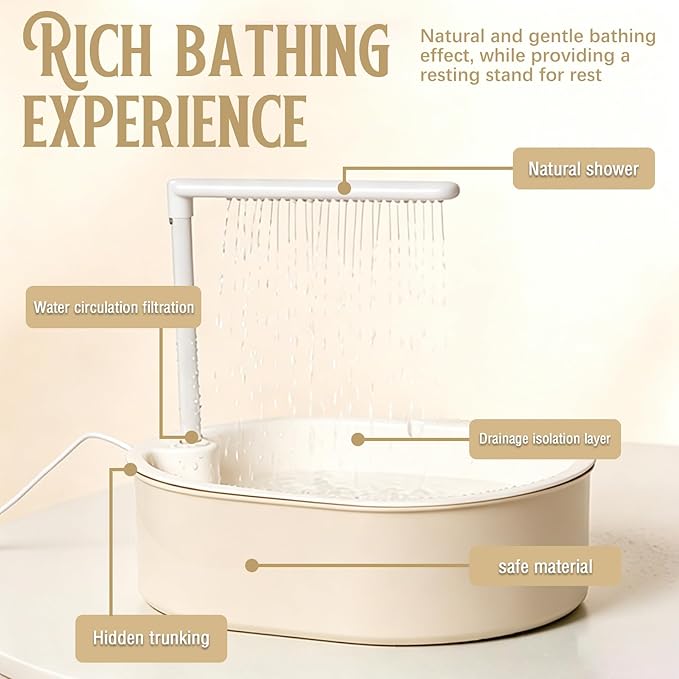 Parrot Bathtub Bird Automatic Bath Shower,Large Bird Shower Fountain Indoor Bathtub with Running Water, Contains USB and Pump,for Pet Birds, African Grey, Cockatiel, Conure, Budgie, Lovebird(Beige)