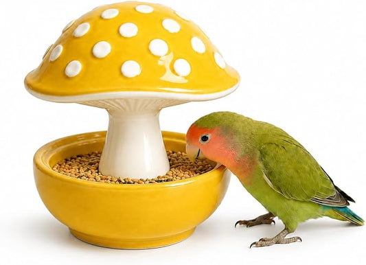 Cute Mushroom Ceramic Bird Water Dispenser & Seed Bowl, Premium Glazed Anti-Dust Feeding Dish for Small Parrots, Conures, Hamsters, Heavy Duty Cage Accessory