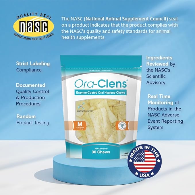 Oral Hygiene Chews for Medium Dogs-Enzymatic Dental Treats for Daily Oral Care, Cleans Teeth and Freshens Breath, Reduces Plaque, Bacteria and Tartar Build Up Without Brushing-30 Chews