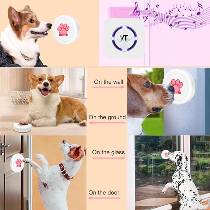 Dog Bell for Door Potty Training Wireless Dog Door Bell with Waterproof Touch Button Doggie Bells for Dogs to Ring to Go Outside (Two Button One Receiver)
