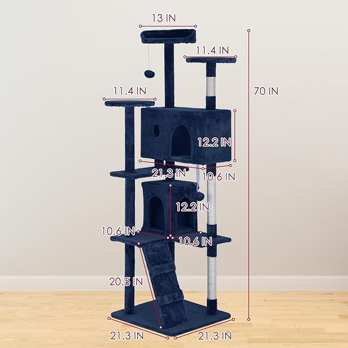PayLessHere 70in Multi-Level Cat Tower with Scratching Post, Cat Condo Stand House Furniture Kitty Activity Center, Navy Blue