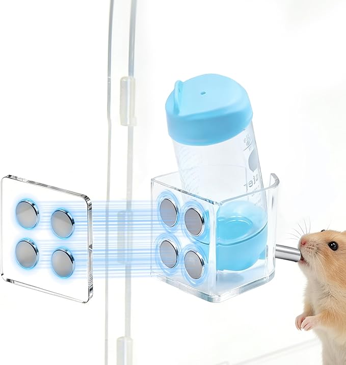 Magnetic Hamster Water Bottle Holder with Water Bottle, Adjustable Height Drop-Resistant Stand, Fits Bottles up to 2" Dia, Universal for Small Pets (Hamsters, Gerbils, Mice), Hamster Cage Accessories
