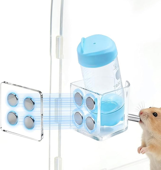 Magnetic Hamster Water Bottle Holder with Water Bottle, Adjustable Height Drop-Resistant Stand, Fits Bottles up to 2" Dia, Universal for Small Pets (Hamsters, Gerbils, Mice), Hamster Cage Accessories