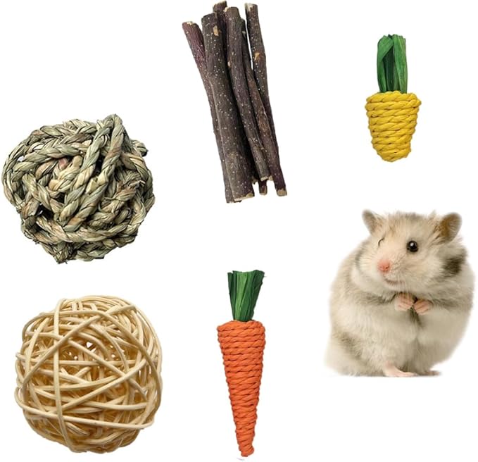 Hamster Chew Toys, 11PCS Rabbit Molars Care Set Sweet Bamboo Water Grass Ball and Cake Apple Branch Treats for Chinchilla