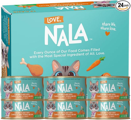 LOVE, NALA - Chicken Flaked with Carrot & Sweet Potato in Broth - 24 Pack, 4.8 lbs - Natural Adult Cat Wet Food Flaked -Grain Free, Non-GMO, Lean Protein, Added Minerals & Vitamins