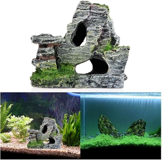 Resin Aquarium Mountain Decor with Moss Rock Cave - Multi-Level Terrain for Fish Tank Landscaping, Natural-Looking Rockery Design with Hidden Cave and Crevices for Shrimp, Reptile Habitat Aquascaping