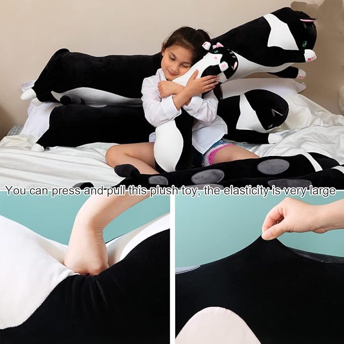 Giant Cat Pillow Plush Cartoon Kitty Sleeping Hugging Pillow, Cuddly Soft Long Kitten Body Pillow Doll Cat Cushion Toy for Kids Girlfriend (Black, 150cm/59inch)