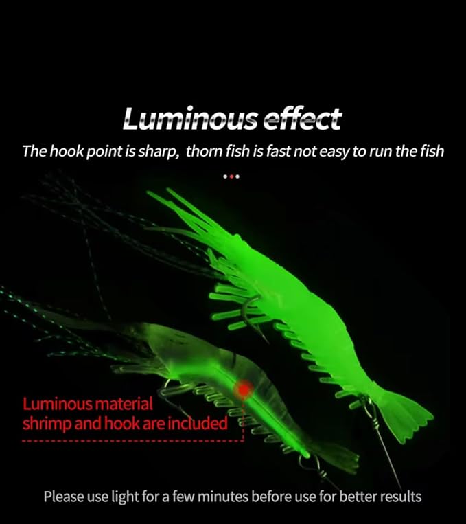 7-Pack Glow Shrimp Fishing Lures – Pre-Rigged Soft Saltwater Bait with Hooks & Beads – Lumobait for Halibut, Flounder, Rockfish, Lingcod