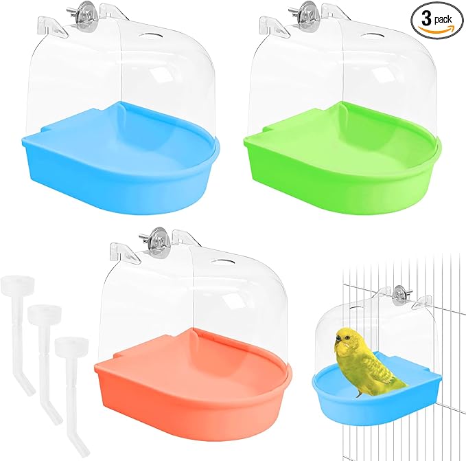 Tfwadmx 3Pcs Bird Bath for Cage Hanging Parakeet Bath Box Clear Bird Bathtub Water Shower Food Feeder Bathing Tub for Cockatiel Conure Canary Budgies