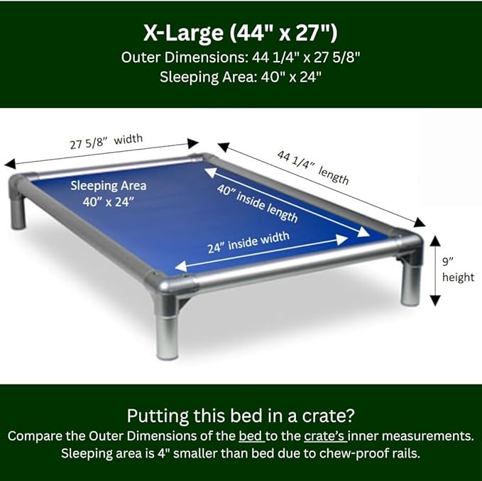 Kuranda Chewproof Elevated Dog Bed - Silver Aluminum - 44" x 27" - Heavy Duty Vinyl - Royal Blue