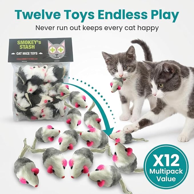 Smokey's Stash Gray and White Faux Fur Cat Mice Toy 12 Per Pack Multi Color Realistic Interactive Small Mouse with Rattle and Catnip Safe for Adult Cats and Kittens