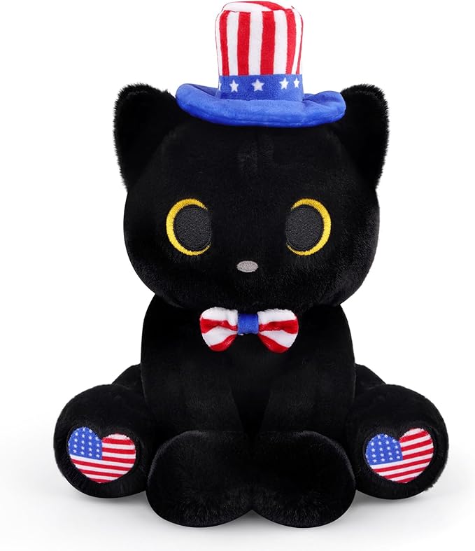 Black Cat Plush with USA Hat & Bow Tie - 8" Cute Stuffed Animal for 4th of July, Memorial Day Decorations & Kawaii Plushie Gifts for Kids Adults