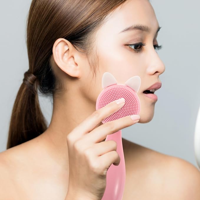 ABOOFAN Manual Silicone Facial Cleansing Brush, Dual-Sided Soft Bristles Face Exfoliator Brush with Abs Handle, Pink Rabbit Ear Design for Gentle Deep Face Cleaning and Skin Care