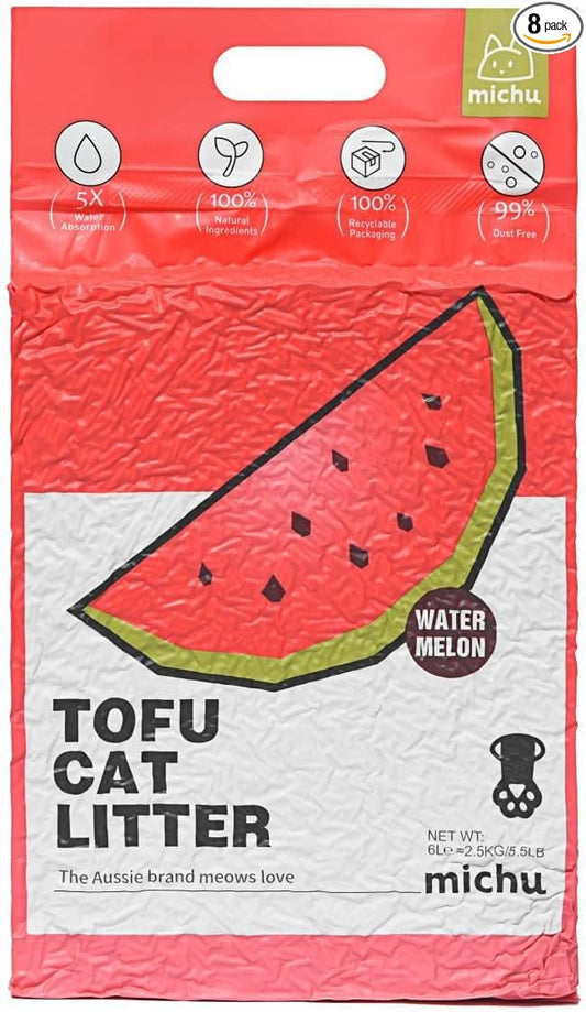 Michu Tofu Cat Litter Natural Clumping Tofu Cat Litter, Fast Clumping and Easily Scoop-able 5.5lb/88oz 5 Scents - Watermelon, 8 Pack