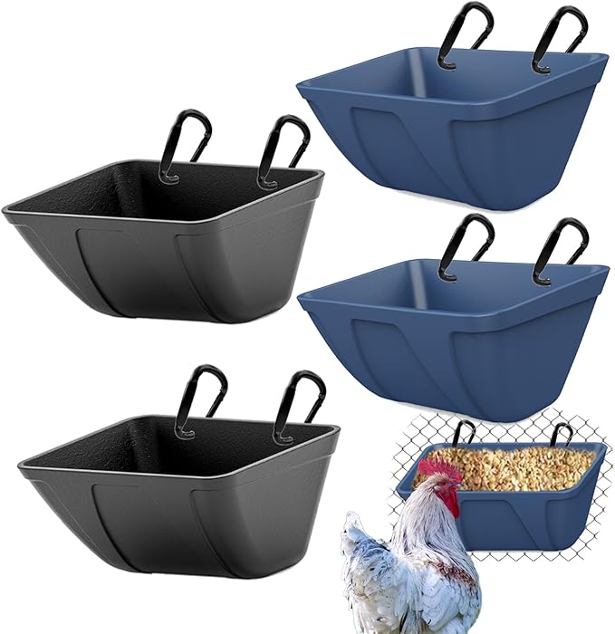 mozoba Hanging Chicken Feeder Trough for Goat Sheep Deer Poultry Duck Chicken Fence Feeder Livestock Feeding Container Goats Supplies Feeders Waterer Bucket (Black and Blue)