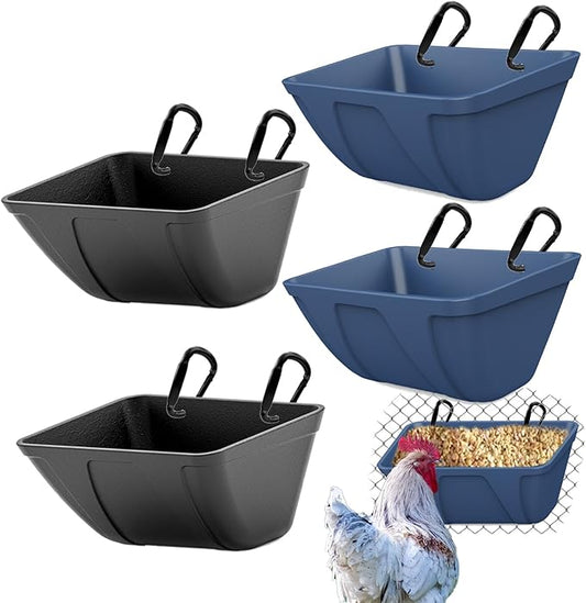 mozoba Hanging Chicken Feeder Trough for Goat Sheep Deer Poultry Duck Chicken Fence Feeder Livestock Feeding Container Goats Supplies Feeders Waterer Bucket (Black and Blue)
