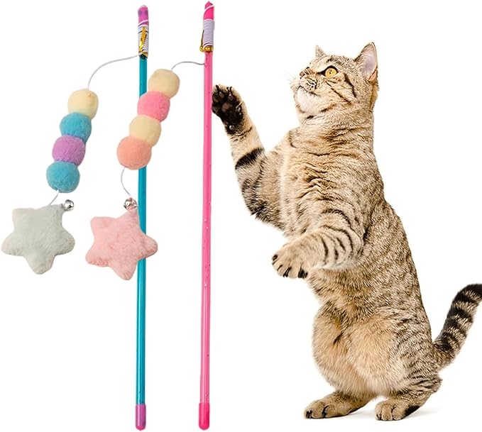 Pink Cat Stick Toy, Cat Teaser Wand Toys, Interactive Cat Toys, Elastic Rope Plush Ball Star Pendant Bite Comfortable Grip, Indoor Kitten Wand Mice and Animals