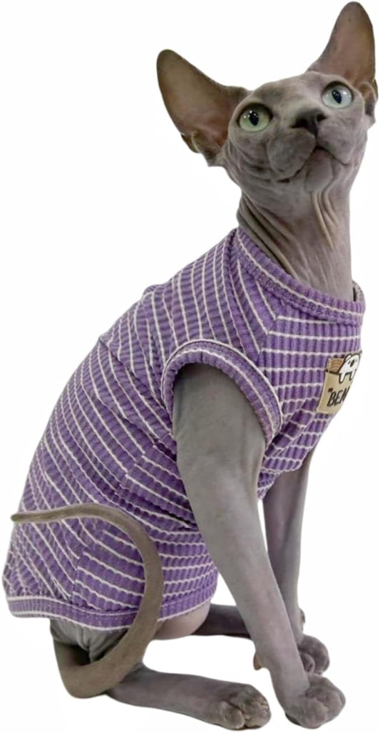 Purple Stripe Sphynx Cat Vest Clothes for Hairless Cat T-Shirt Apparel | Sleeveless, Rib Knit, Thin for Summer, Cotton Blend