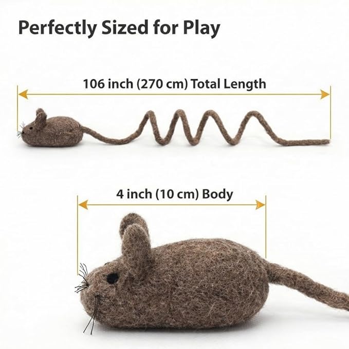 Glaciart One Felt Mouse Cat Toy – Soft Fuzzy Enrichment 100% Natural Wool - Interactive Catnip Play Cat Toy Set - Safe for Pets, Non-AZO Colored Dyes - 100” Long