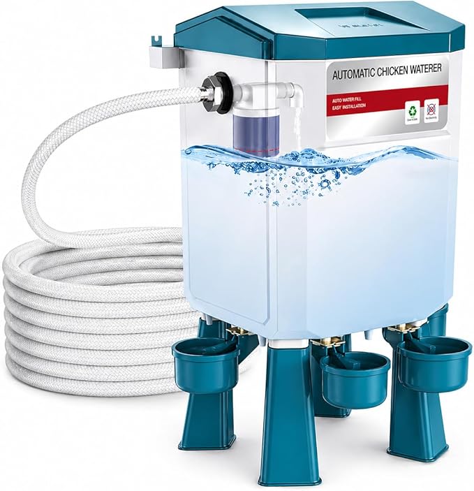 Automatic Chicken Waterer 2 Gallons, Chicken Water Feeder with Float Valve & 4 Water Cups, 13FT Hose Poultry Waterer System, Chicken Coop Water Dispenser for Chickens Ducks Quail Turkey (Blue, 2 GAL)