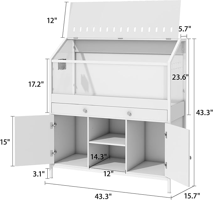 Hamster Cage with Storage Cabinet,43.3" Small Animal Cage with LED Lights and Fan, Easy View Acrylic Panel, Large Habitat for Guinea Pig, Hedgehog,Rat 43.3"x 15.7"x 43.3"