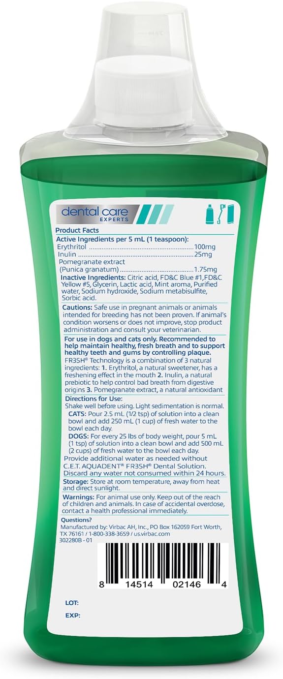 Virbac C.E.T. AQUADENT® FR3SH® Dental Solution For Dogs & Cats - Supports Dental Health & Fresher Breath - VOHC Approved For Dogs (250 ml)
