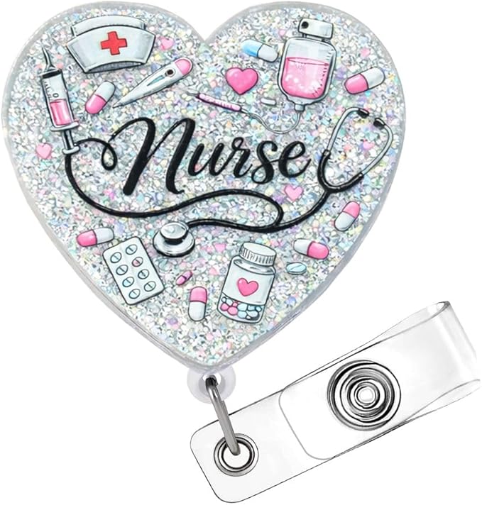 Nurse Heart Badge Reel Bling Acrylic Cardiac ID Name Holder with Retractable Clip Nursing Student School Essentials NICU ICU ER Accessories Valentine Gift Medical Assistant Cardiology MA RN LPN CNA