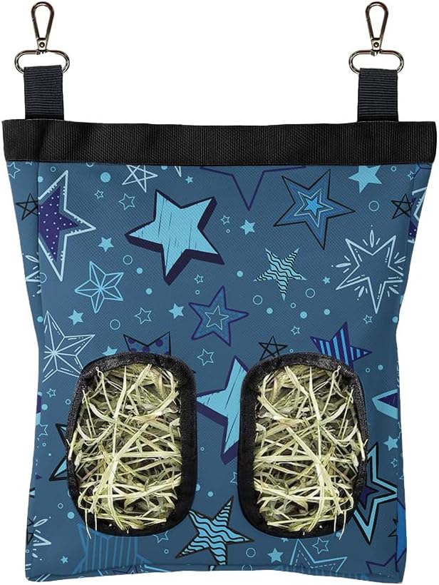 WIRESTER Oxford Hanging Guinea Pig Hay Feeder 11x9 Inch, Rabbit Hay Feeding Storage Bag for Bunny Chinchilla Hamster with Back Hooks, 2 Holes - Multi-Stars Pattern