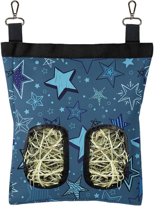 WIRESTER Oxford Hanging Guinea Pig Hay Feeder 11x9 Inch, Rabbit Hay Feeding Storage Bag for Bunny Chinchilla Hamster with Back Hooks, 2 Holes - Multi-Stars Pattern