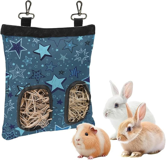 WIRESTER Oxford Hanging Guinea Pig Hay Feeder 11x9 Inch, Rabbit Hay Feeding Storage Bag for Bunny Chinchilla Hamster with Back Hooks, 2 Holes - Multi-Stars Pattern