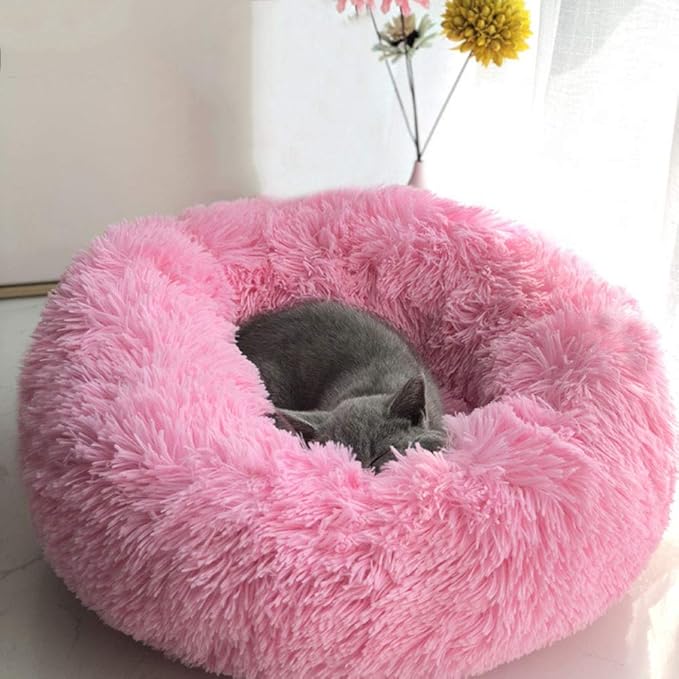 Modern Soft Plush Round Pet Bed for Cats or Small Dogs, Mini Medium Sized Dog Cat Bed Self Warming Autumn Winter Indoor Snooze Sleeping Cozy Kitty Teddy Kennel (24'' D x 8'' H, Hot Pink)